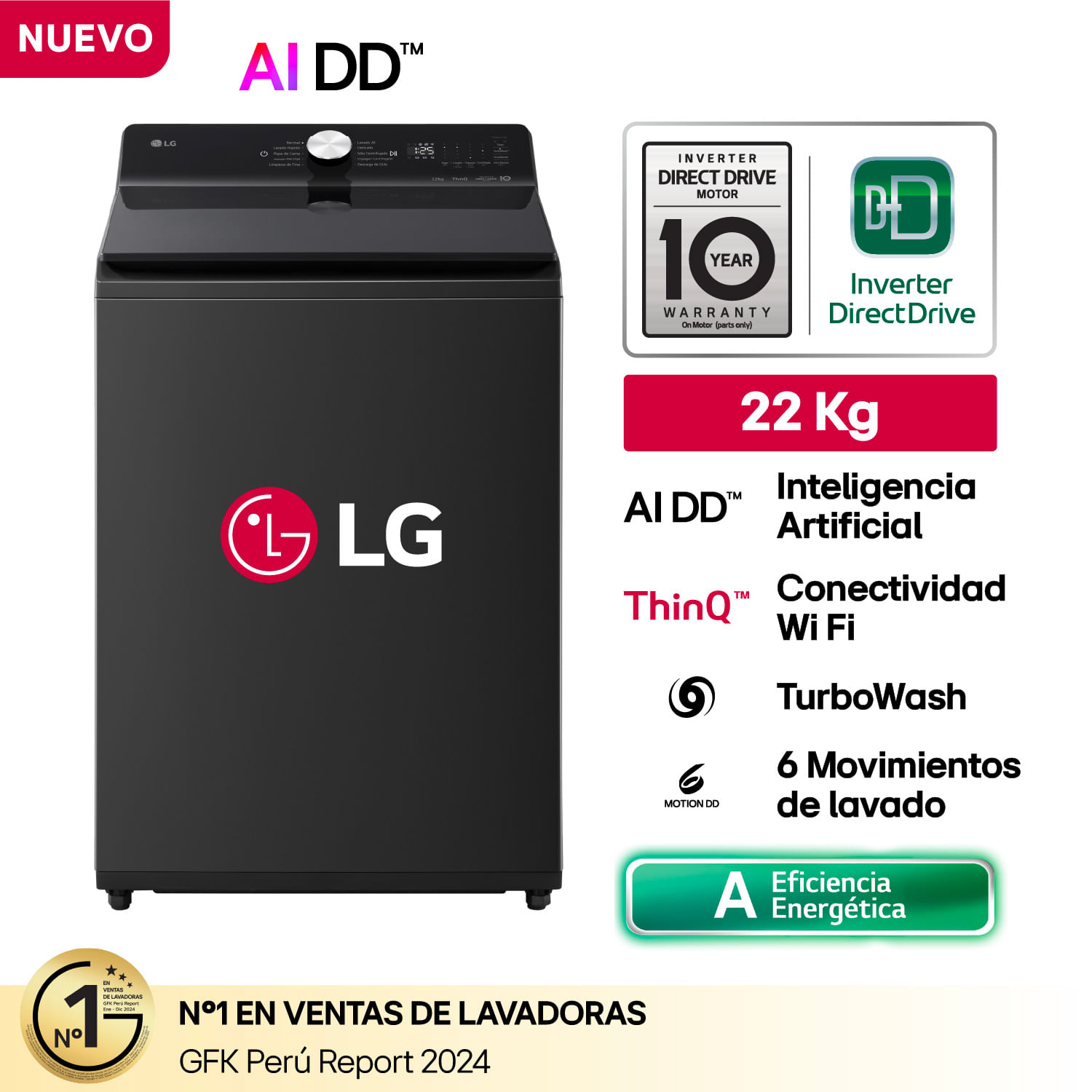LG Lavadora WT22OBTX 22Kg AI DD Carga Superior Negro Onyx