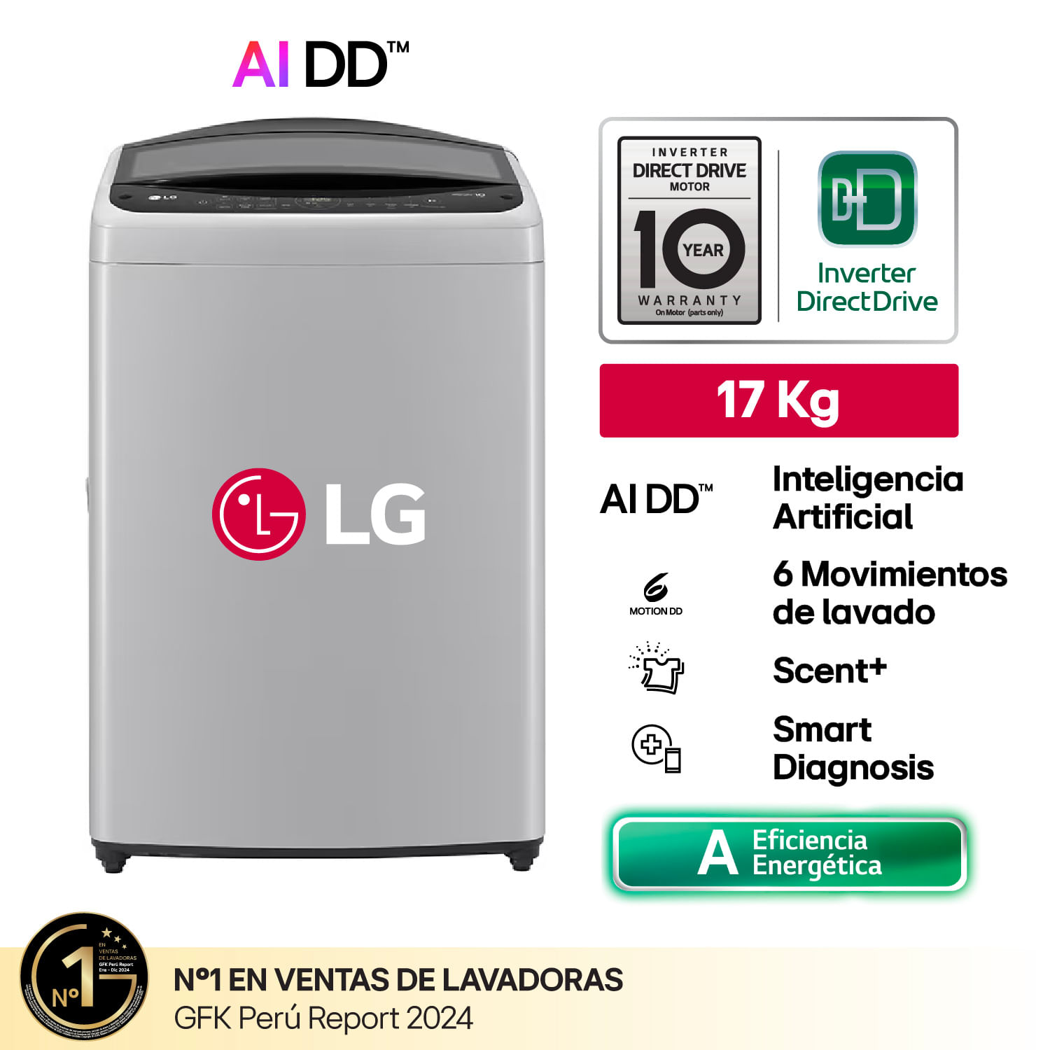LG Lavadora WT17DV6T 17 Kg Inteligencia Artificial Carga Superior Gris