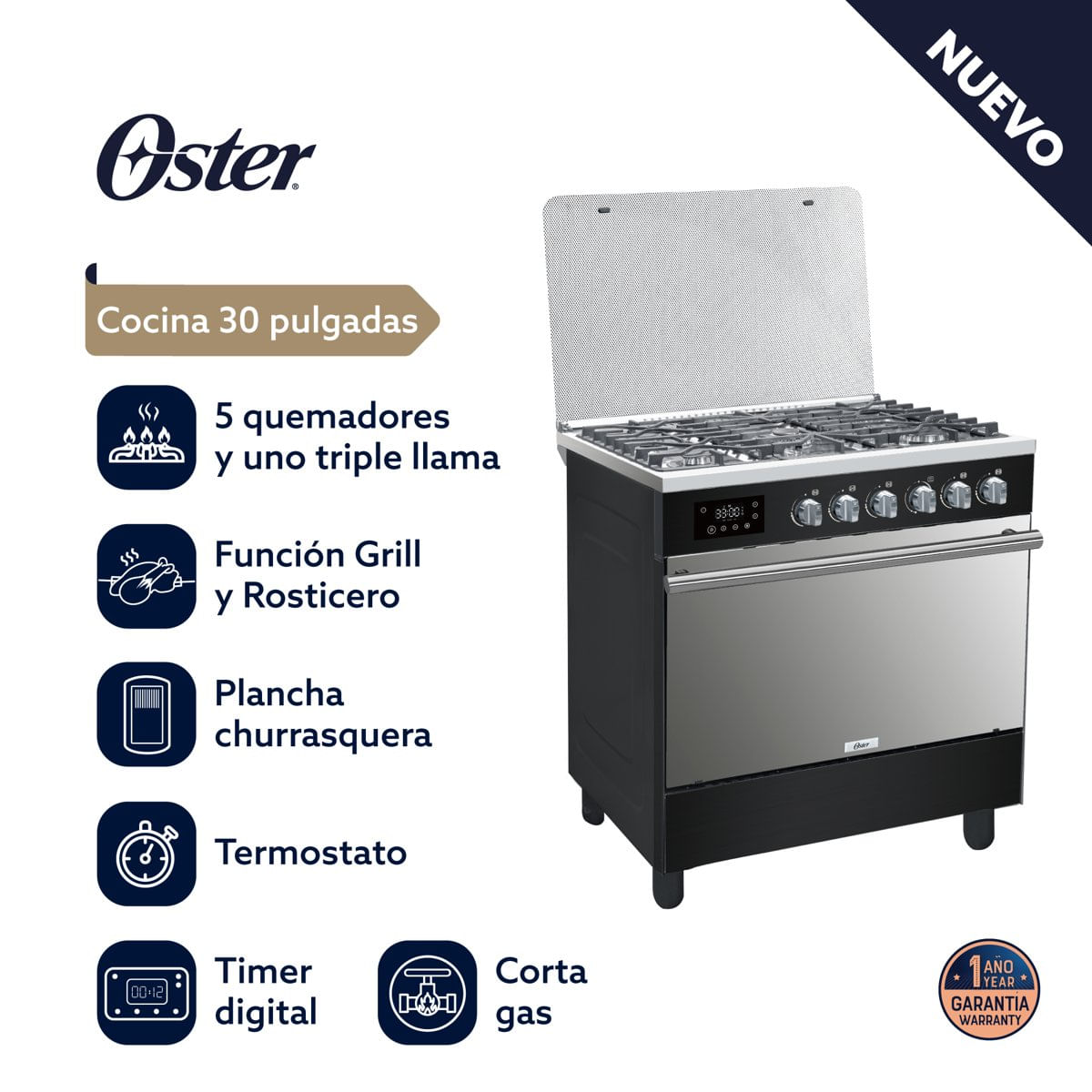 Cocina Oster Mod OS-PGSGC30052GRIBM 30" Color Negro