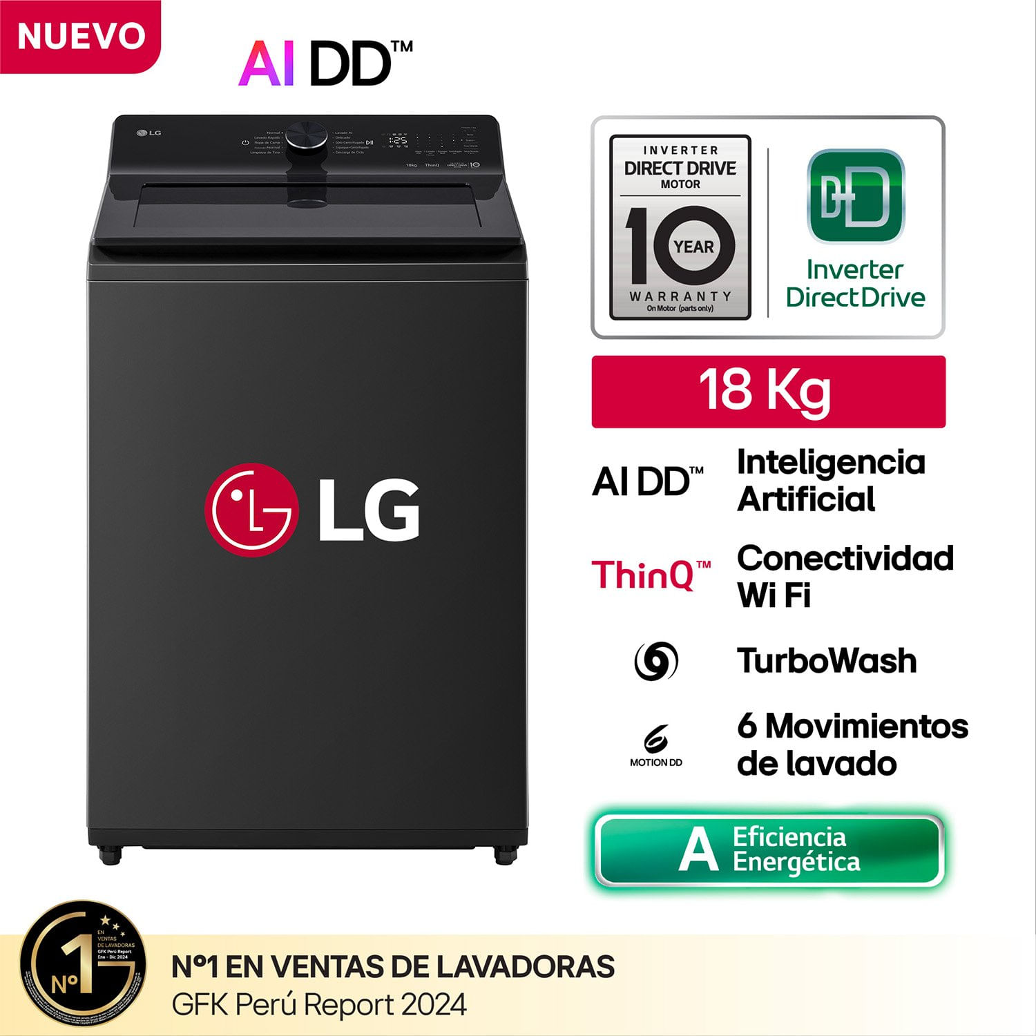 Lavadora LG 18 Kg Carga Superior Inteligencia Artificial AI 