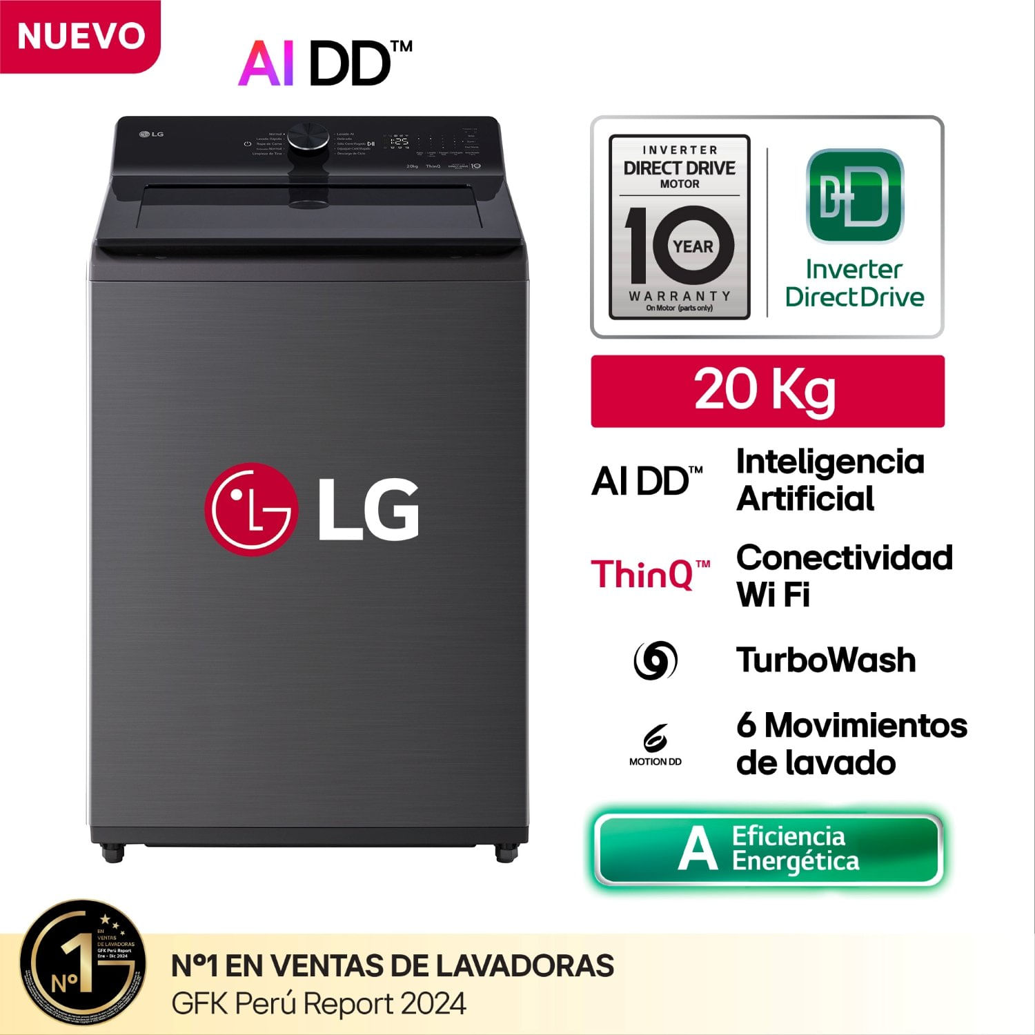 LG Lavadora WT20PBTX 20Kg IA Carga Superior Negro Plateado