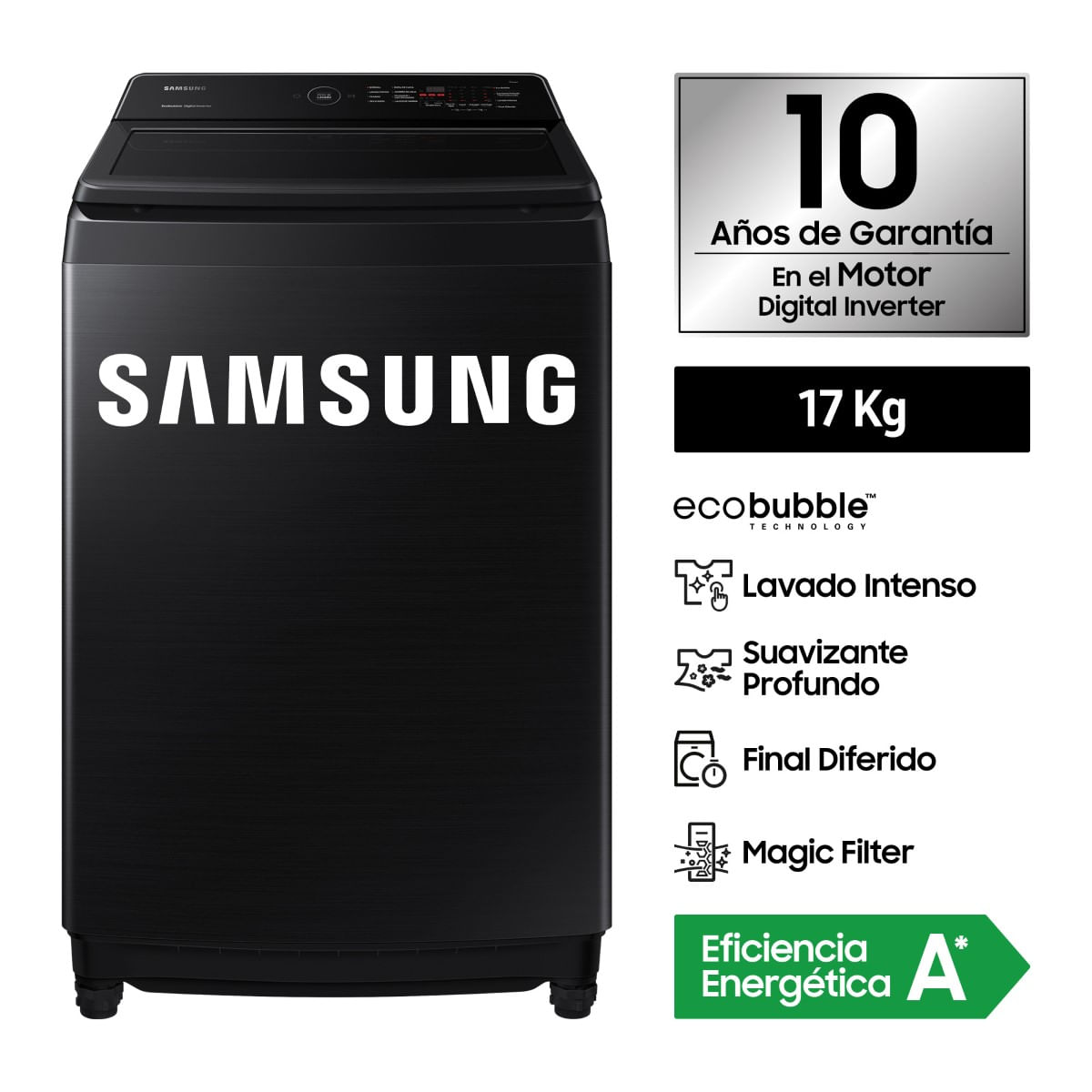 Lavadora Samsung EcoBubble 17KG Negra WA17CG6441BVPE