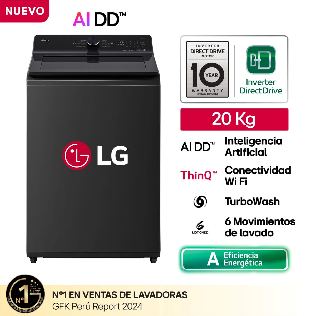 Lg Lavadora 20Kg IA Negro Onyx WT20OBTX